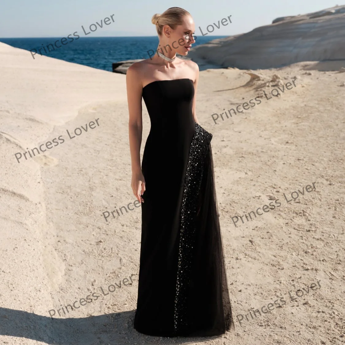 Black Strapless Evening Dresses A Line Sequins Wedding Party Dress Customized Slit Prom Gown Formal Vestidos