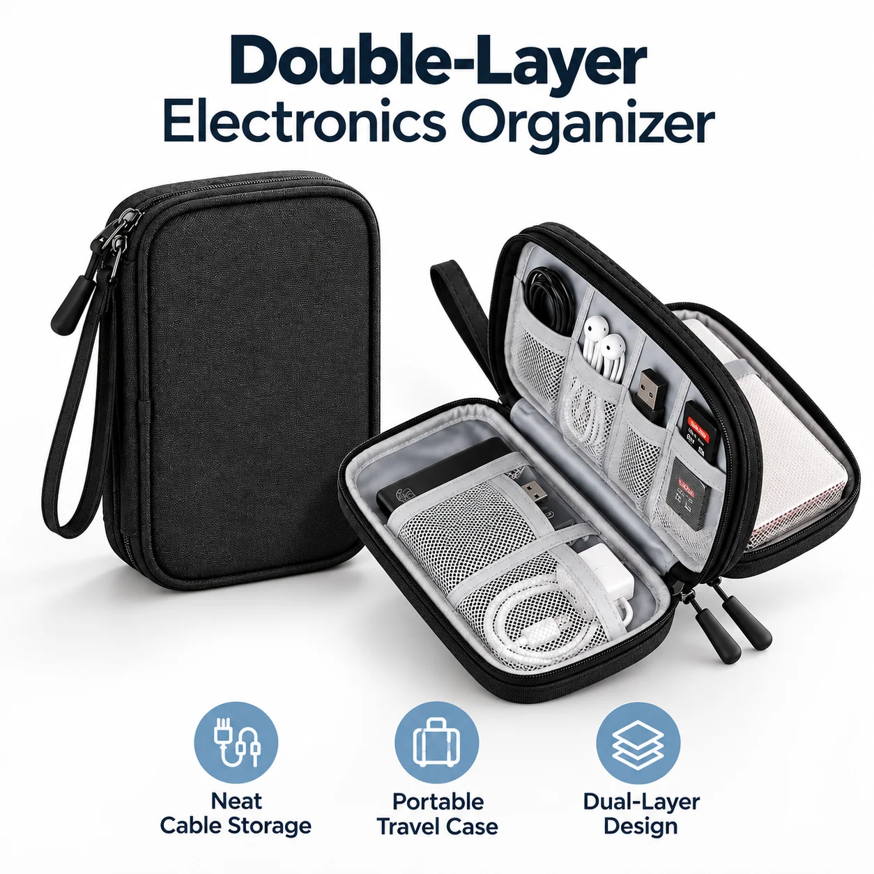 Portable Travel Electronics Storage Bag, Multi-Functional Zipper Charging Case for Earphone Cable Power Bank, Sundries Organizer