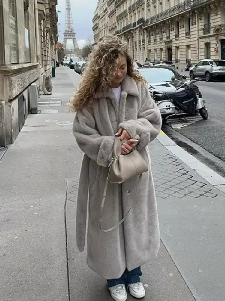 Winter Solid Thicken Faux Fur Long Coat For Women Fashion Lapel Single Breasted Overcoat 2024 New Lady Warm Street Outerwear