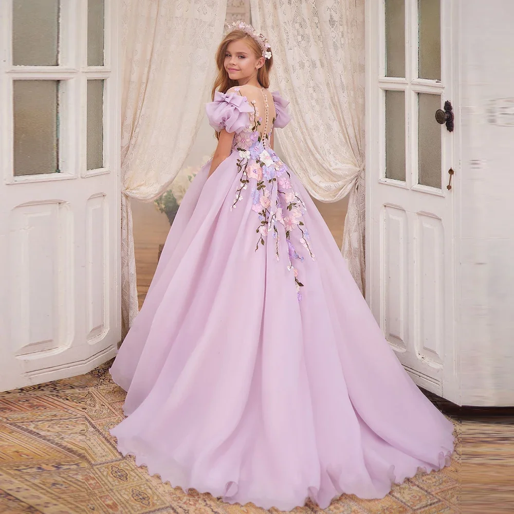 Customized Purple Chiffon Flower Girl Dress for Wedding Tulle Applique Floor Length Elegant Child First Communion Birthday Gown