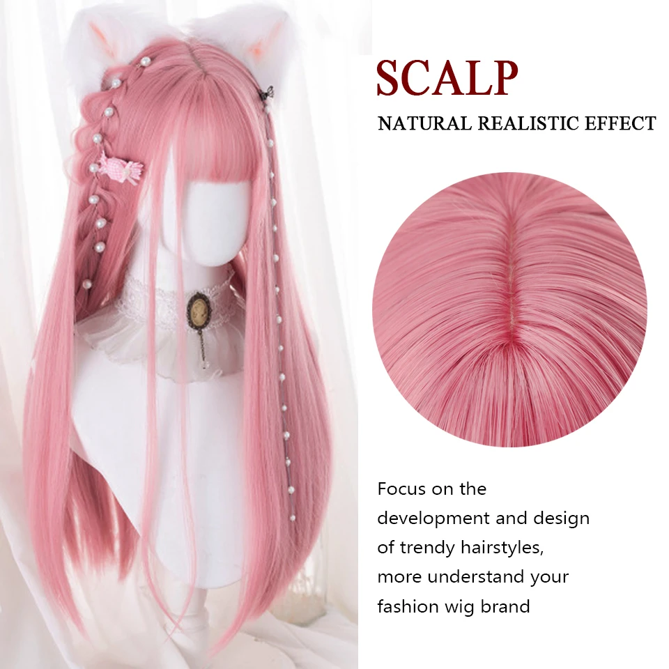 HUAYA Synthetic Long Straight Pink Wig Female Cosplay Wig With Bangs Heat-Resistant Fiber Daily Party False Hair