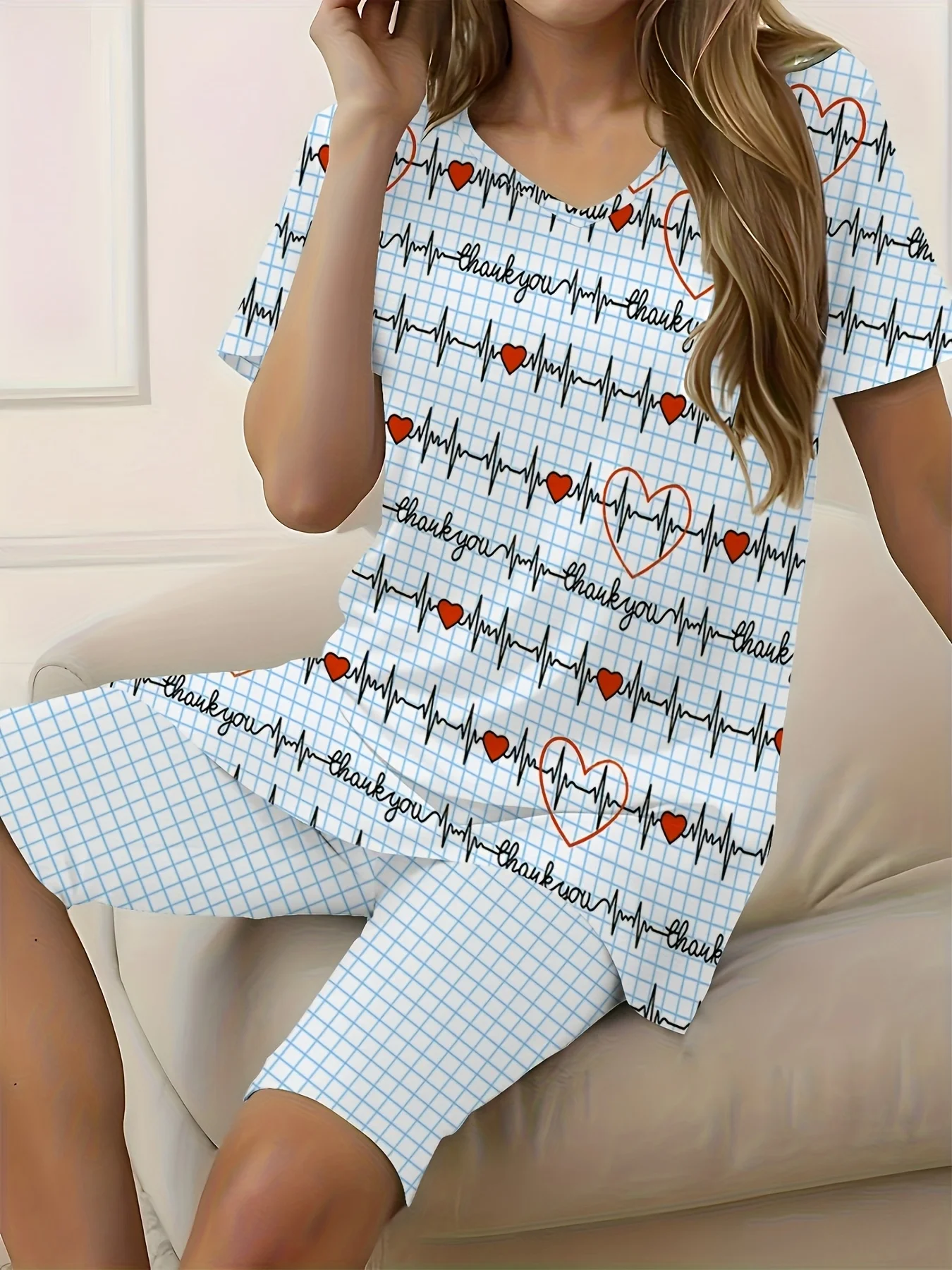 

Printed Design Spring/Summer Collection Heartbeat Pattern With Red Hearts And Text Casual Style Women's Shorts Set