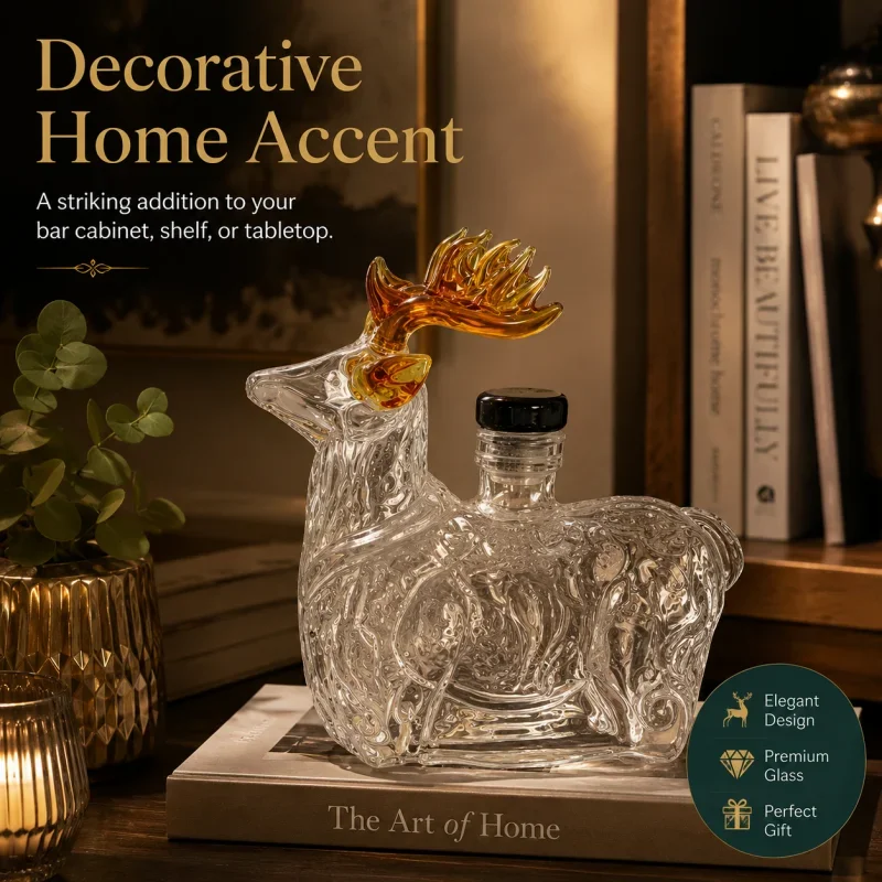 Novelty Stag Deer Glass Whisky Decanter, Decorative Animal Liquor Bottle, Home Bar Ornament, Birthday Gift for Bar Fans