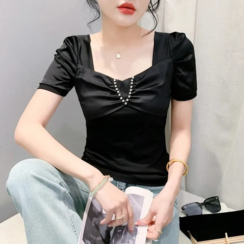 Streetwear Girl Summer Chic Square Collar t-Shirt in cotone Femme Fashion Hot Diamonds top donna Puff manica corta Slim Tees Shirt