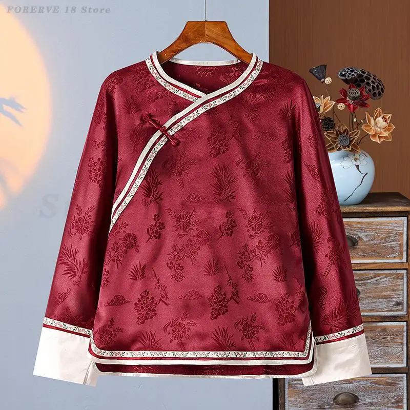 Elegant Chinese Shirt Women Spring Summer New Loose Blouse Round Neck Jacquard Vintage Top Plus Size 5XL Traditional Clothing