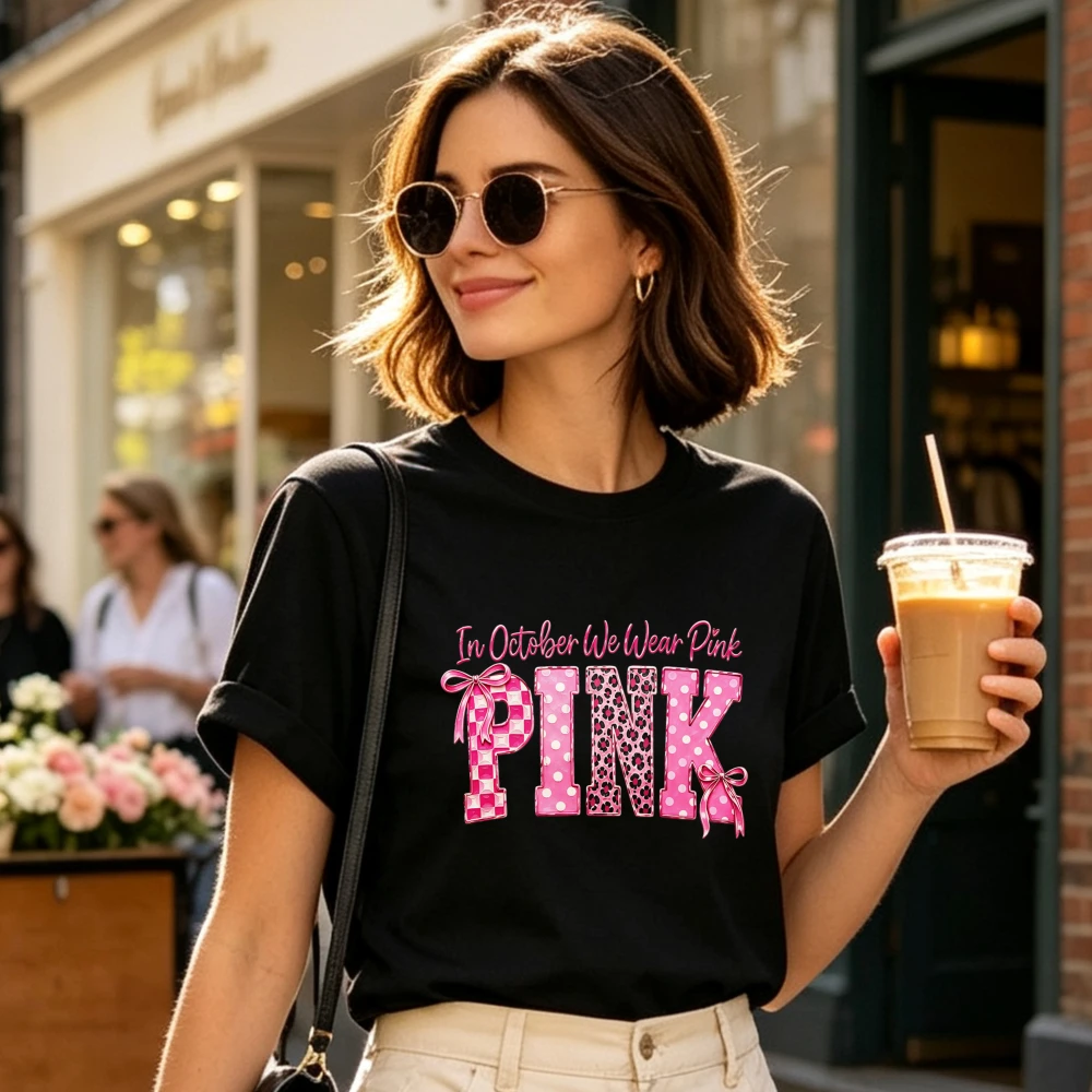 In October We Wear Pink Graphic T Shirt Women Leopard Polka Dot Checkered Pink Bow Breast Cancer Awareness Short Sleeve Cute Tee