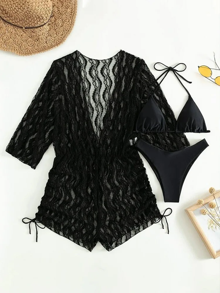 Maillot de bain trois pièces en maille, manches longues, imprimé cintré à la taille et cordon de serrage, à la mode, protection solaire, offre spéciale, nouvelle collection