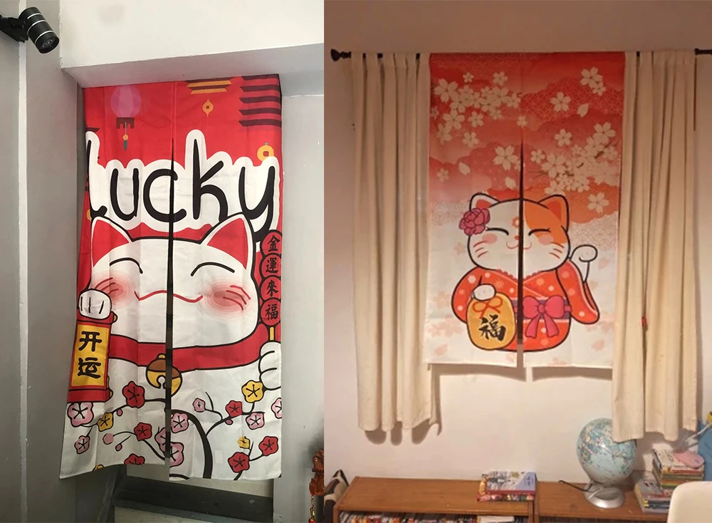 Red Lucky Cat Japanese Door Curtain Noren Interior Room Shop Kitchen Short Curtain Feng Shui Blackout Curtain Doorway Hanging