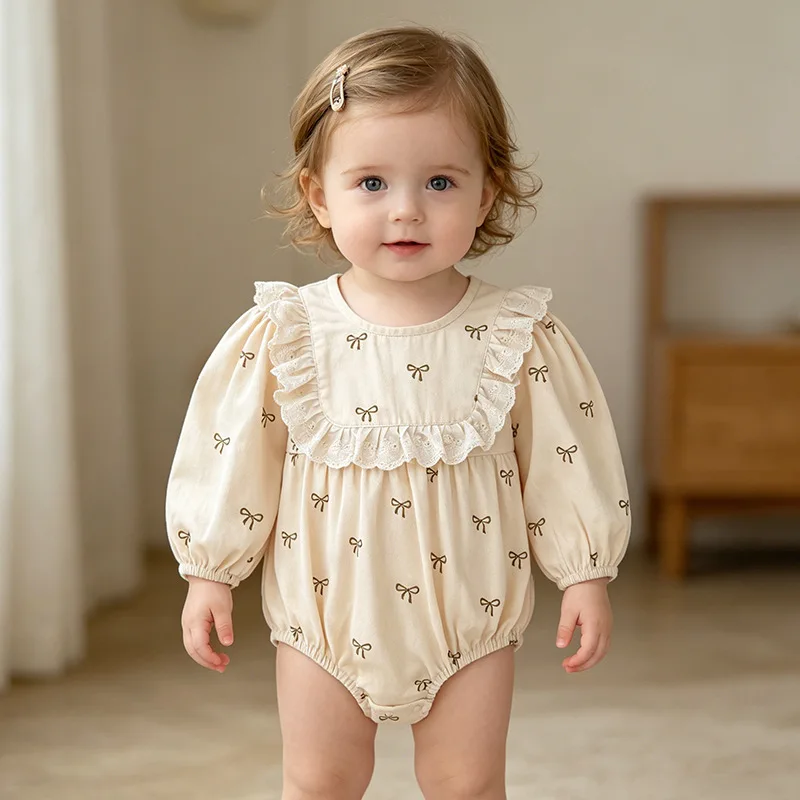 Korean Baby Girl Crawling Clothes Spring and Autumn New Western Style Bow Print Cotton Long Sleeved Baby Clothes Rompers