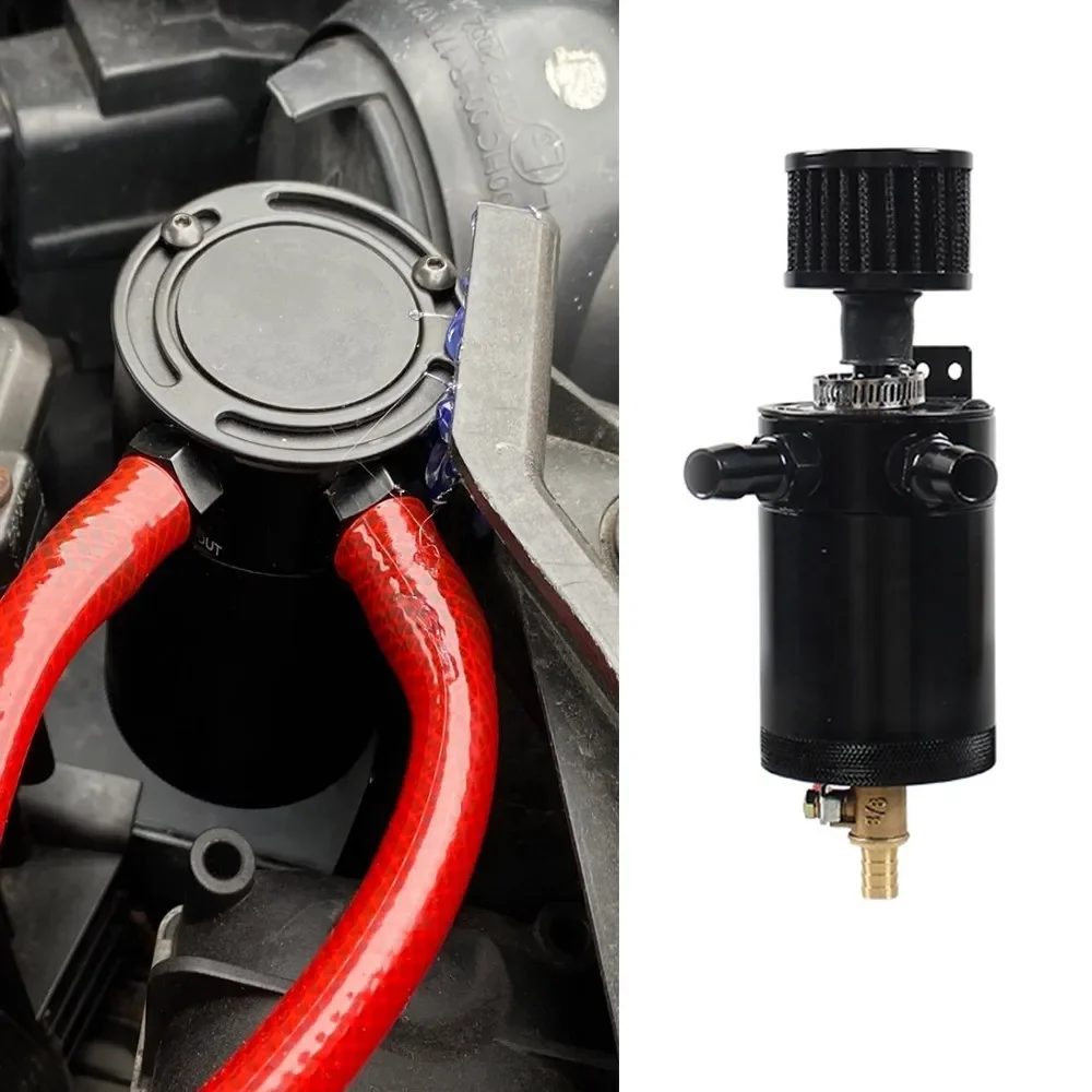 Universal Racing Baffled Oil Catch Can Tank 2-Port/ 3-Port Reservoir with Drain Valve Breather Cylinder Filter Kit Aluminum
