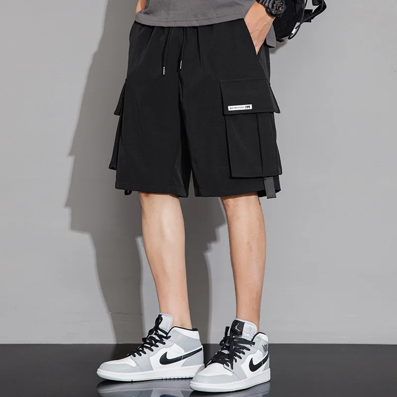 Safari Style Straight Loose Casual Shorts Men's Clothing Solid Color Basic Summer Drawstring Fashion Pockets Spliced Knee Pants