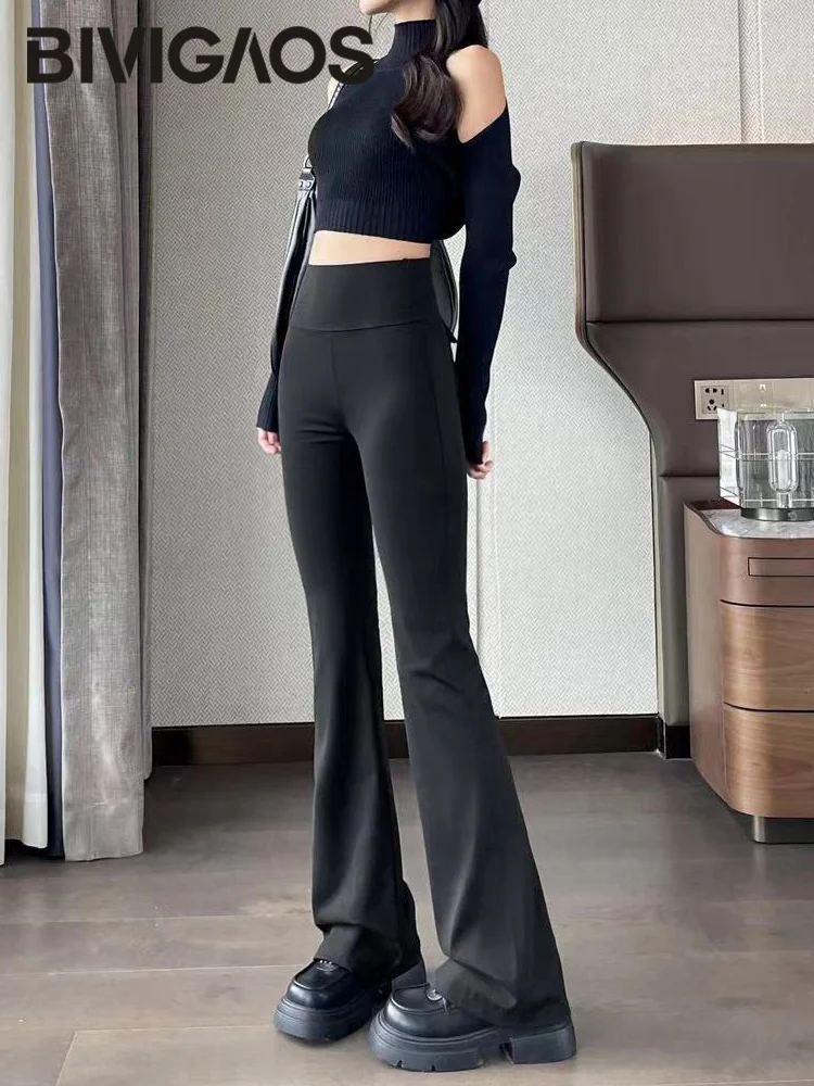 BIVIGAOS Spring New Back Pocket Cargo Flared Pants Women Sharkskin Flared Leggings Tight Elastic Casual Horseshoe Pants