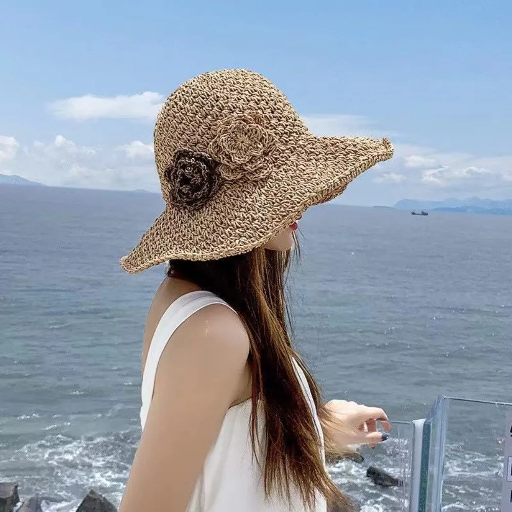 

Elegant Crochet Straw Hat with Ruffle Detail Womens Summer Beach Straw Cap UV Protection Hand-Woven Sun Hat