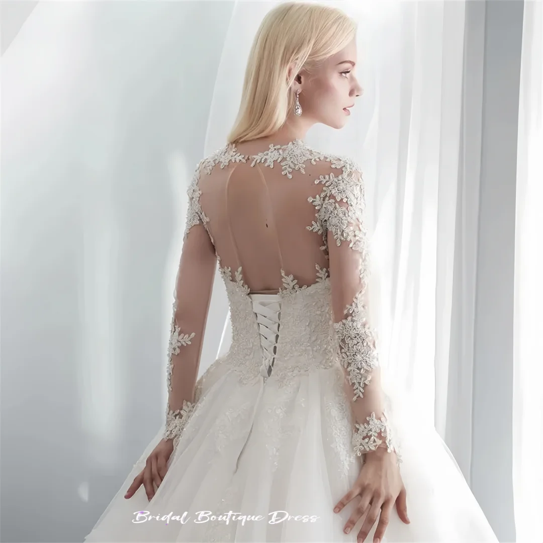 Personalizado exquisito mangas completas apliques sin espalda cuello redondo capilla tren Vestido De novia vestidos De novia Vestido De novia