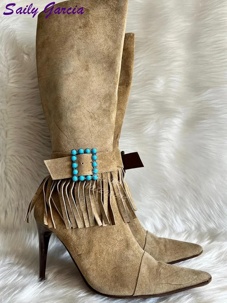 레트로 프린지 로마 부츠 블루 크리스탈 버클 스트랩 무릎 높이 부츠 지적 발가락 사이드 지퍼 하이힐 패션 캐주얼 신발 2025