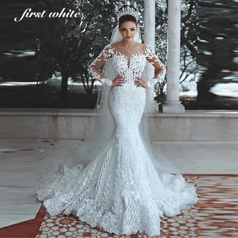 Customized Muslim Shiny Lace Mermaid Wedding Dress Luxury Women's Illusion Decal Long Sleeve Bridal Gowns Vestidos De Mujer