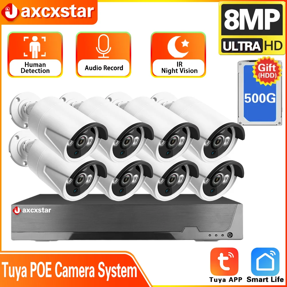 

8CH 4K Tuya POE NVR Security System 8MP/5MP Outdoor CCTV Camera Audio Record Human Detect Security Protection Surveillance Kit