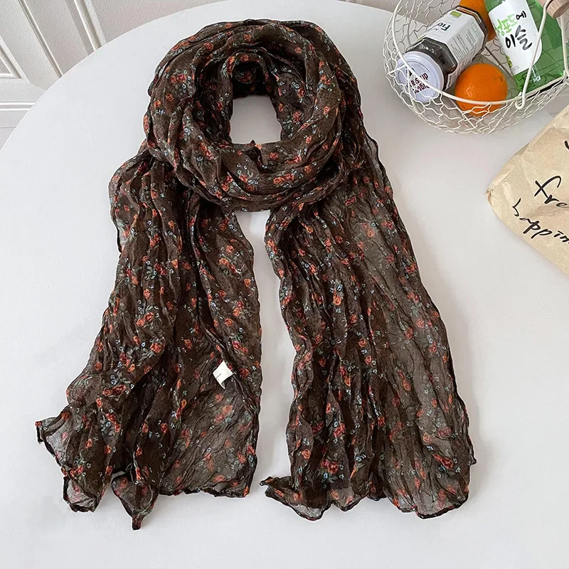 Literary Artistic Retro Small Floral Cotton Linen Scarf Simple Versatile Women Spring Summer Thin Pleated Neck Protection Long