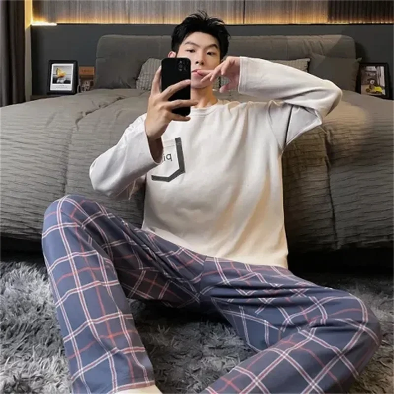 90kg 3XL Large Size Lougewear Spring Sleepwear for Man Korean Leisure Long Short Sleelves Full Pants Loose Homewear Pajamas Set