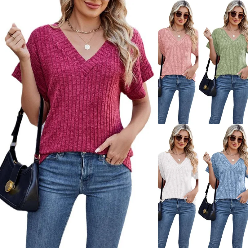 

Y2K spring and summer new solid color loose casual top V-neck short-sleeved elegant jumper T-shirt women