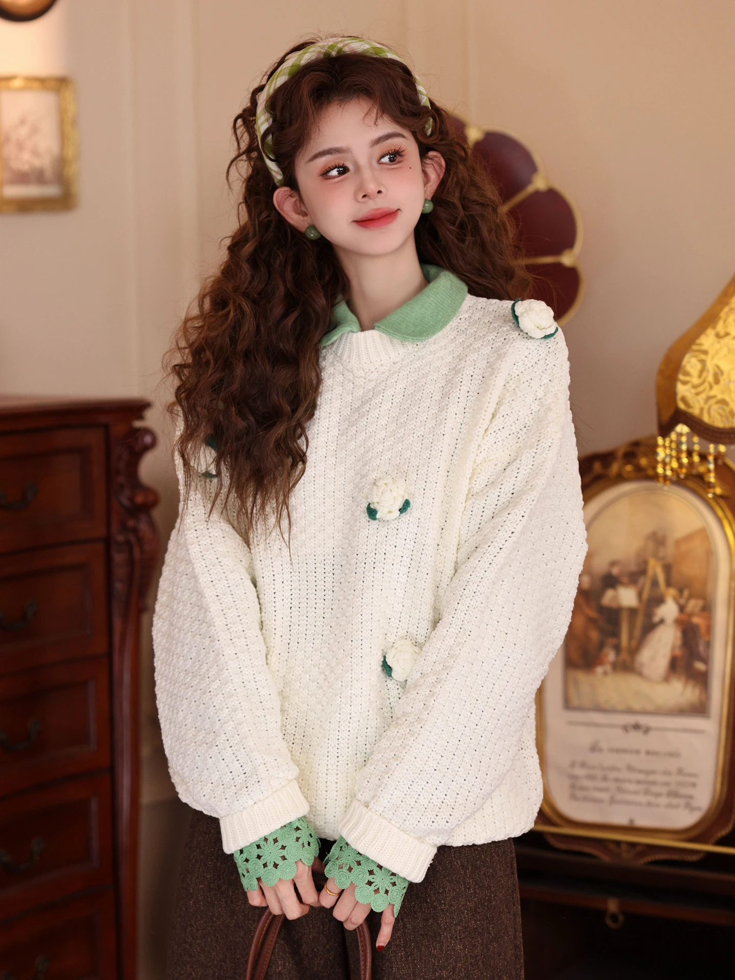 

Винтажный вязаный свитер Chen Jiajie с длинными рукавами, женский, свободного кроя, с круглым вырезом, универсальный, осенне-зимний, модный, из мягкого полиэстера