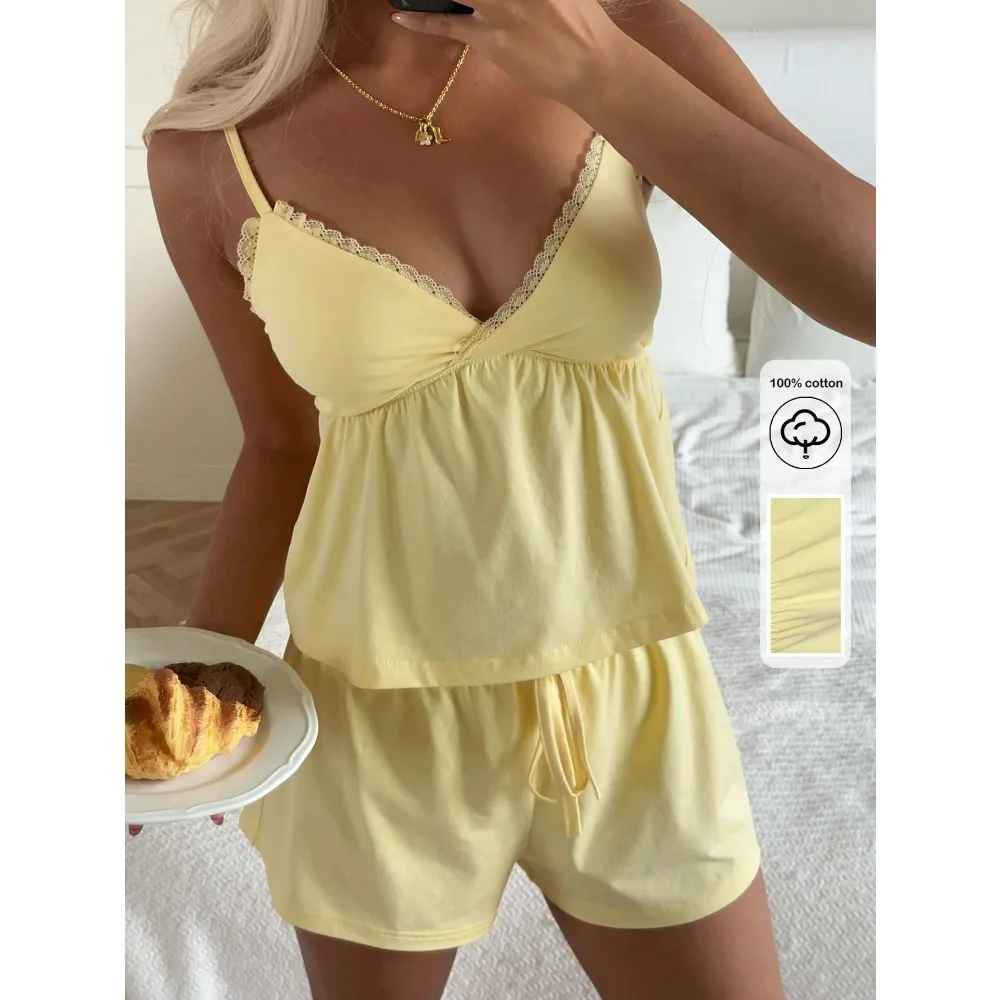 

2/Pcs Women's Clothing 2026 New Spring Two-Piece Set, Casual Basic Versatile Comfortable Sleepwear Adjustable Women's Sweet Spring Solid Color Lace-Trimmed Camisole Top And Shorts Set Women Summer Sets