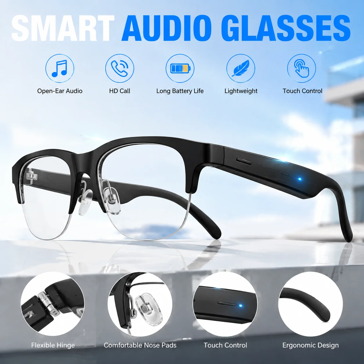 Smart Glasses Bluetooth Audio Wireless Sunglasses Open Ear Headphone Music Call Hand Free Sport Eyewear for Men Women AIMB-G1Max