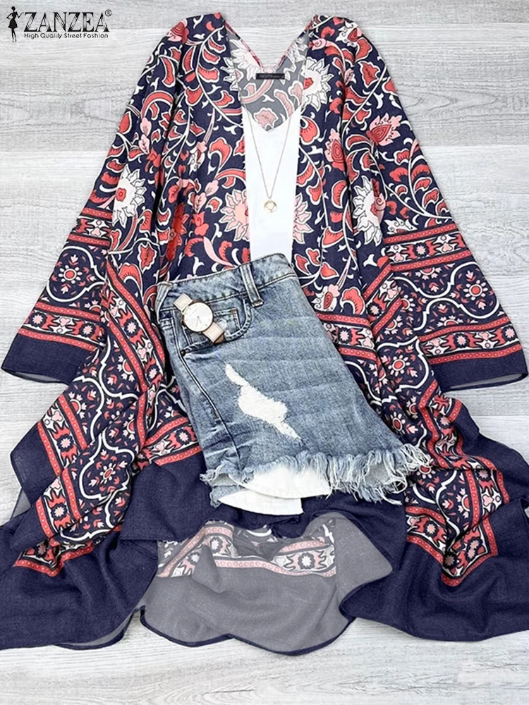 ZANZEA-Camiseta bohemia para vacaciones para mujer, ropa de día con cuello en V, Top de manga 3/4, cárdigan Vintage con estampado Floral y frente abierto para verano 2025