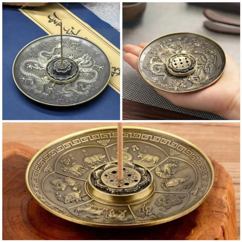 Dragon and Phoenix Bronze Incense Tray Twelve Zodiac Antique Thread Incense Holder Coil Incense Burner Indoor Sandalwood Stove