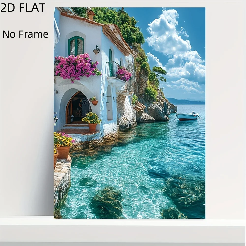 2D FLAT 1pc Frameless Canvas Wall Art Print - Coastal Scenery with Turquoise Waters, White Buildings, and Vibrant Red Flowers