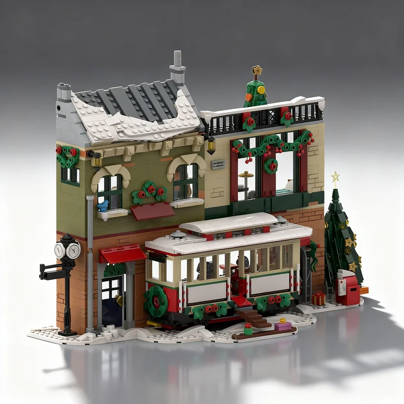 

1461pcs MOC The Coffee Shop Inside Tram Seasonal Christmas Model Building Blocks Architecture Christmas Gift Toys Brick DIY Toy