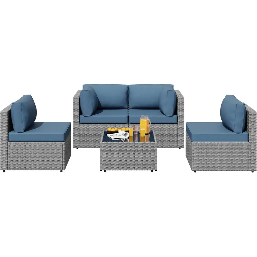 

5-Piece Outdoor Rattan Sectional Sofa Set with Low Back, Tea Table, and Washable Cushions