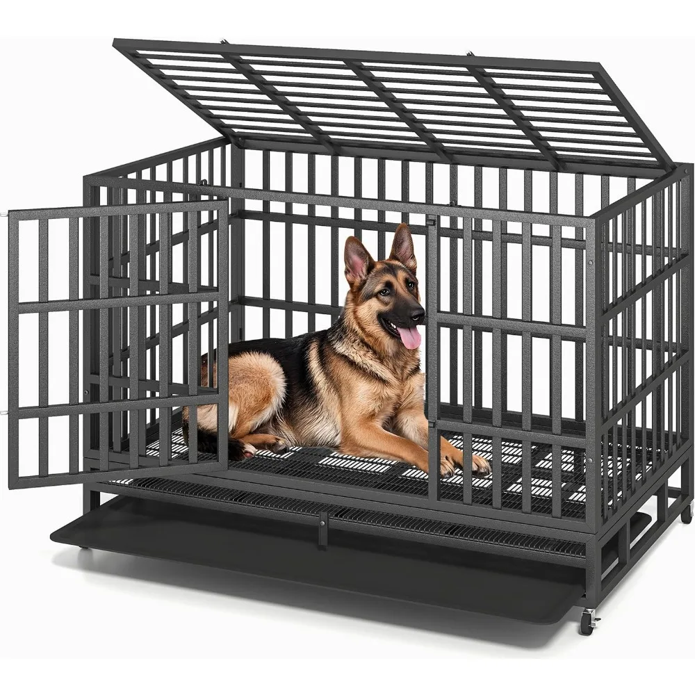 

54/48/42/38 Inch Heavy Duty Dog Crate – XL XXL Escape Proof Steel Kennel for Large Dogs, High Anxiety Indoor Cage with Wheels an