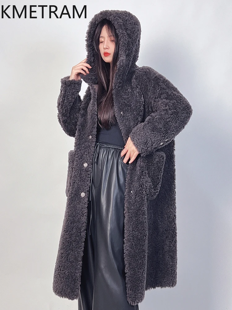 KMETRAM 100% Wool Coats Woman High Quality Dark Gray Long Coat with Hood Winter Clothes Warm Furry Jacket 2025 пальто женское