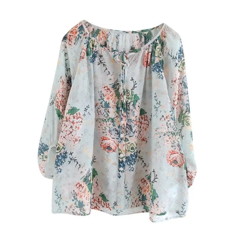 

Летний легкий художественный топ в стиле ретро Vaion Sle, свободный женский топ большого размера с тонким поясом и принтом Seven-Quarter Sve...