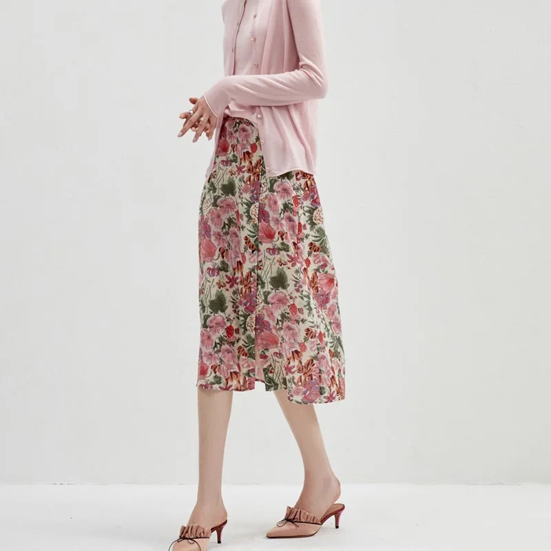 Bloemen Vintage Elegante Rok Vrouwen 2024 Lente/Zomer Nieuw In Draperende Kant Split Rok Olieverf A-Lijn Kleding Casual Vakantie