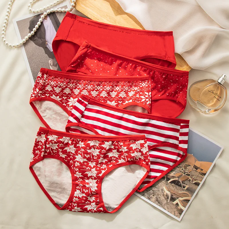 5Pcs/Set Cotton Panties Women Sexy Briefs Lucky Red Seamless Underwear Lovely Girls Panty Breathable Female Underpants M-2XL