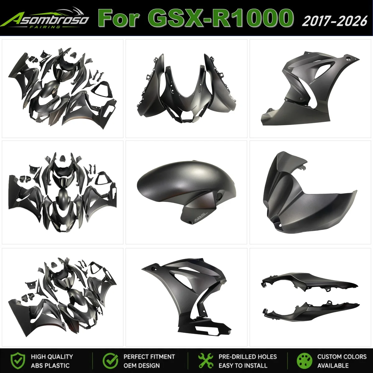 For Suzuki GSXR1000R 2017-2026 Custom Painted Motorcycle Fairing Set ABS Injection Body Frame Cowl | Matte Black