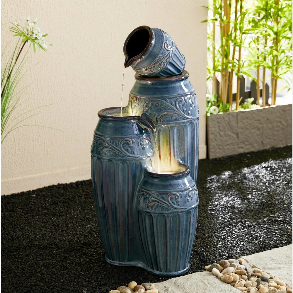 

35.5" H Outdoor Water Fountain with LED Lights and Pump, 4 Tier Cascading Standing Fountain