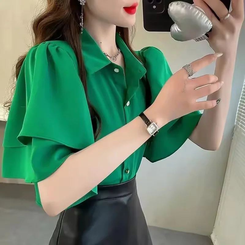 

Lady's Summer Loose Shirt Women's New Loose Korean Blouse Solid Color Ruffle Short Sleeve Chiffon Top Ladies
