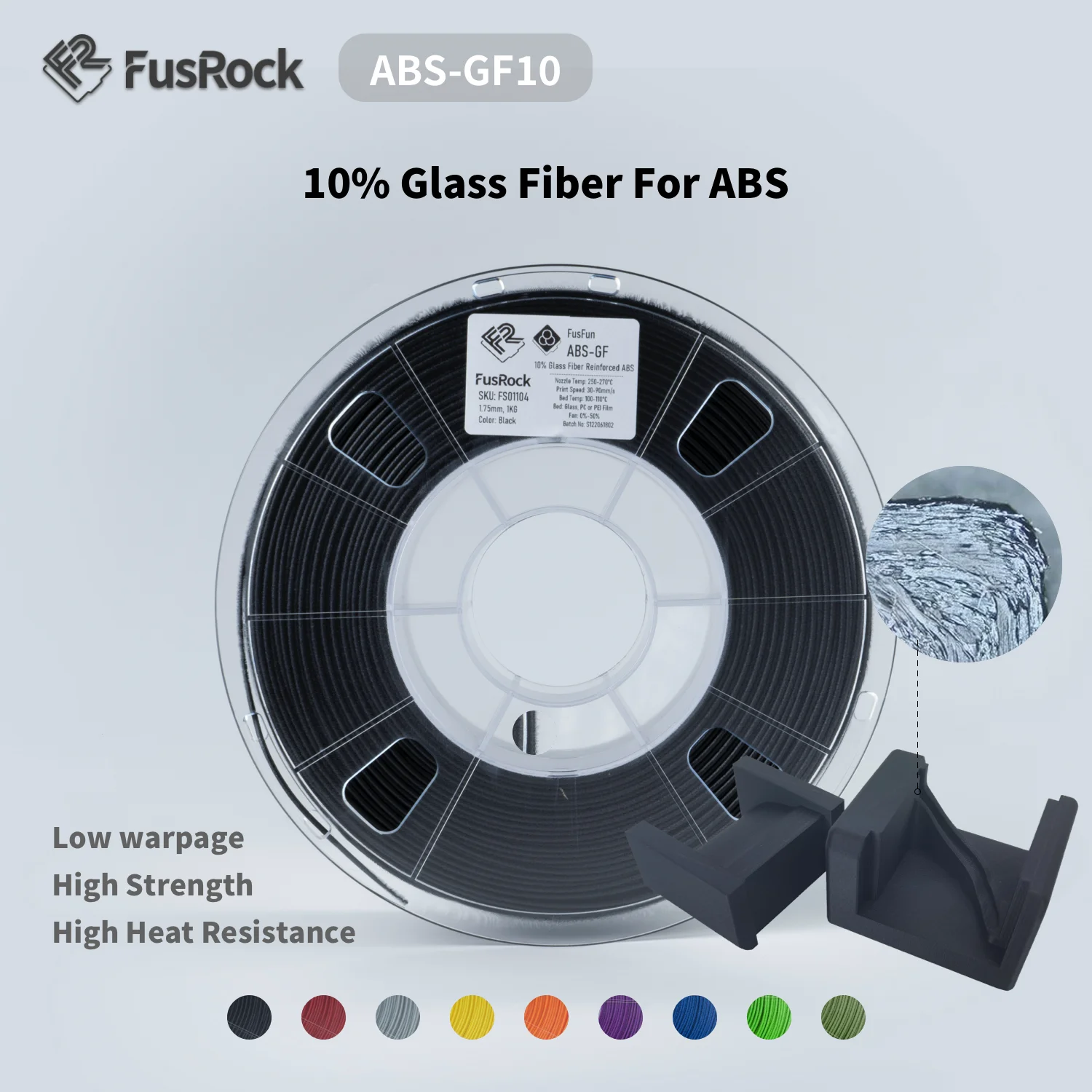 

FUSROCK ABS-GF 3D Printer Filament 10% Glass Fiber ABS Filament 1.75mm, Fit Most FDM 3D Printers Frosted Texture, High Hardness,