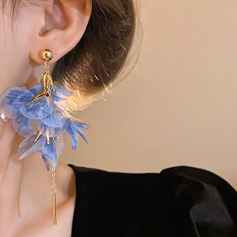 Sweet Pink Blue Flower Earrings For Women Yarn Mesh Long Tassel Earrings Pendientes Mujer Fashion Jewelry Holiday Accessories