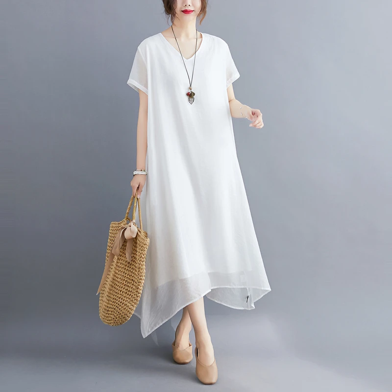 Algodão de seda ort Sve Dr feminino verão artístico tamanho grande cobertura de barriga emagrecimento casual camada dupla deriva Lo...