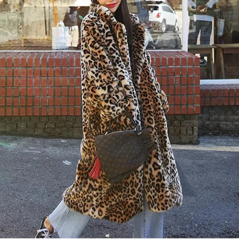 Women Imitation Fox Fur Leopard Jacket Coat X-Long Thick Warm Turn Down Collar Bomber Jacket Autumn Winter Parka Cardigan Coat