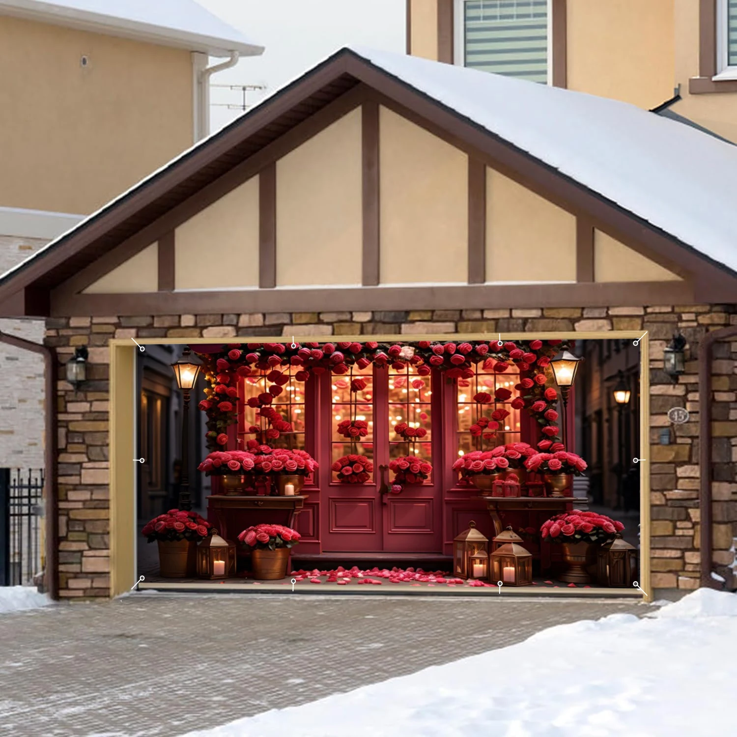 วันวาเลนไทน์ร้านดอกไม้โรงรถผนังพื้นหลังดอกกุหลาบสีชมพูประกายบ้านโรงรถกรอบประตูสําหรับกลางแจ้ง Home Courtyard Decor