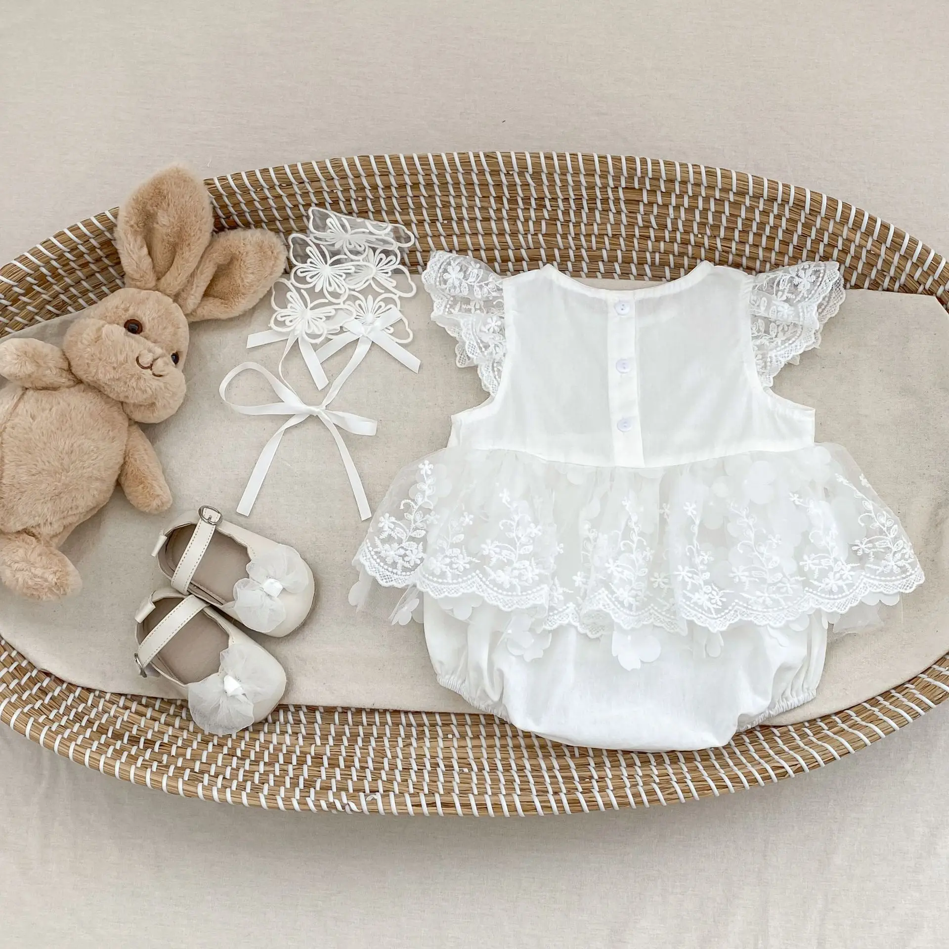 ملابس أطفال صيفية جديدة بعمر 0-3 سنوات، تنورة رائعة من قطعة واحدة بأكمام طائرة من الدانتيل مع رقبة دائرية للفتيات الصغيرات #6