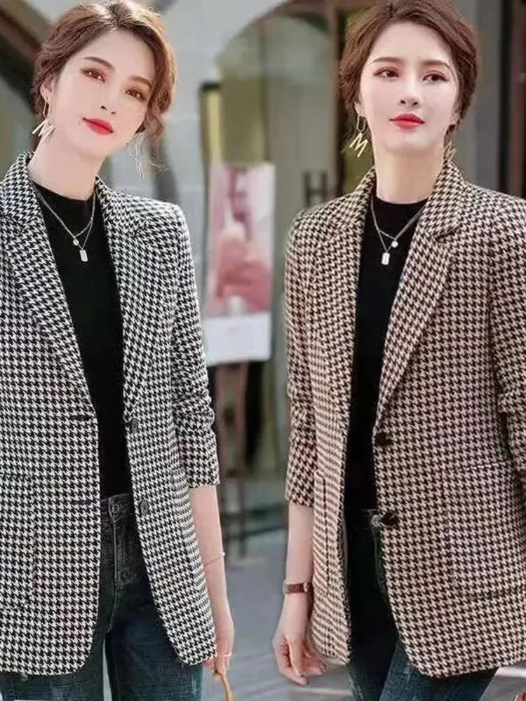 

Classic Women Black And White Houndstooth Jacket Blazer Fashion New Elegant Casual Chic Office Long Sleeve Jacket Tops 2024 D27