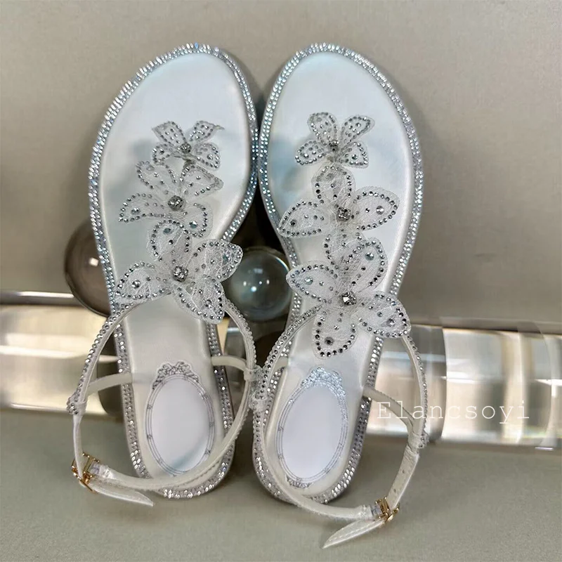 Chanclas de verano, Sandalias planas con punta abierta, zapatos de fiesta con flores y diamantes de imitación brillantes para mujer, Sandalias de gladiador con correa y hebilla