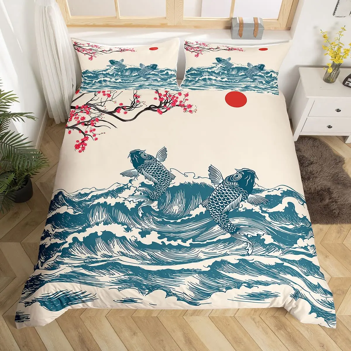 

Japanese Style Bedding Set Twin Queen King Size Japanese Wave Comforter Cover Set Cherry Blossom Ocean Wave Sunset Duvet Cover