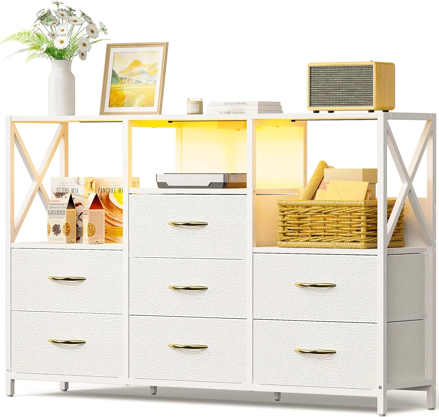 

White Dresser. Bedroom. 65" TV Stand with Charging Station & LED Lights. 7 Fabric Drawers. Solid Wood Top. Living Room. Closet.